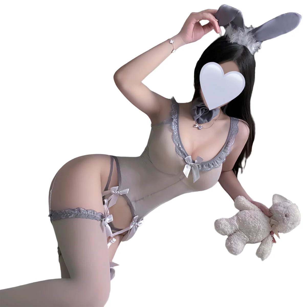 

LISMLace Bridal Roleplay Lingerie Set with Veil Long Sleeve Bodysuit & Patterned Stockings Sexy Nightwear for Women