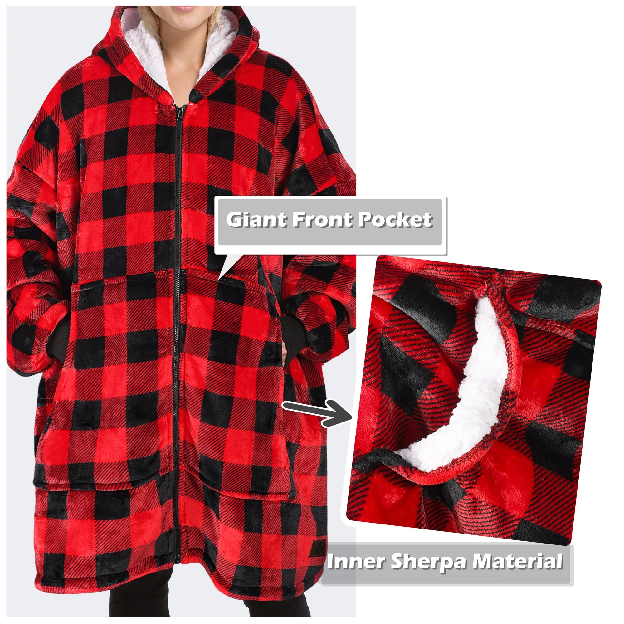 1pc Super Soft Wearable Blanket With Zipper  plaid printed hoodie blanket dropship