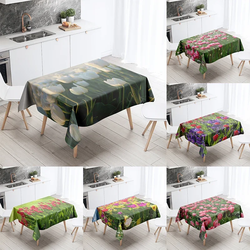 White Red Tulip Tablecloth Colorful Floral  Stain Resistant Waterproof Rectangular Kitchen Dining Table Home Decor