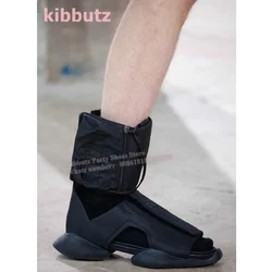 Hook Loop Sandal Boots Open Round Toe Height Increasing Hollow Solid Color Black Fashion Runway Show Novelty Concise Shoes New