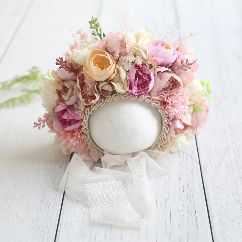 Vintage noworodek kwiatowy Bonnet czapka dla dziewczynki do fotografii dzianinowy noworodek kwiat ogrodowy Bonnet do rekwizytów do sesji zdjęciowej