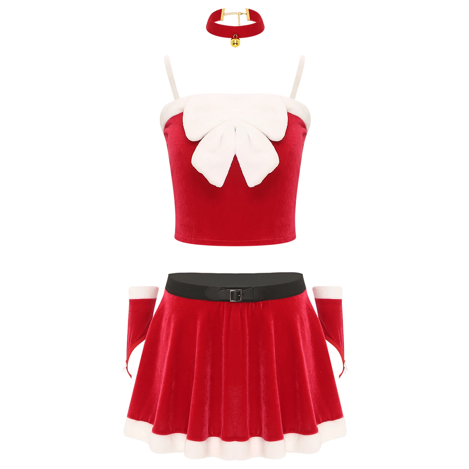 

5Pcs Women Christmas Elk Role Play Costume Crop Top with Mini Skirt Bell Choker Arm Sleeve And Headwear Set Sexy Lingerie Suit