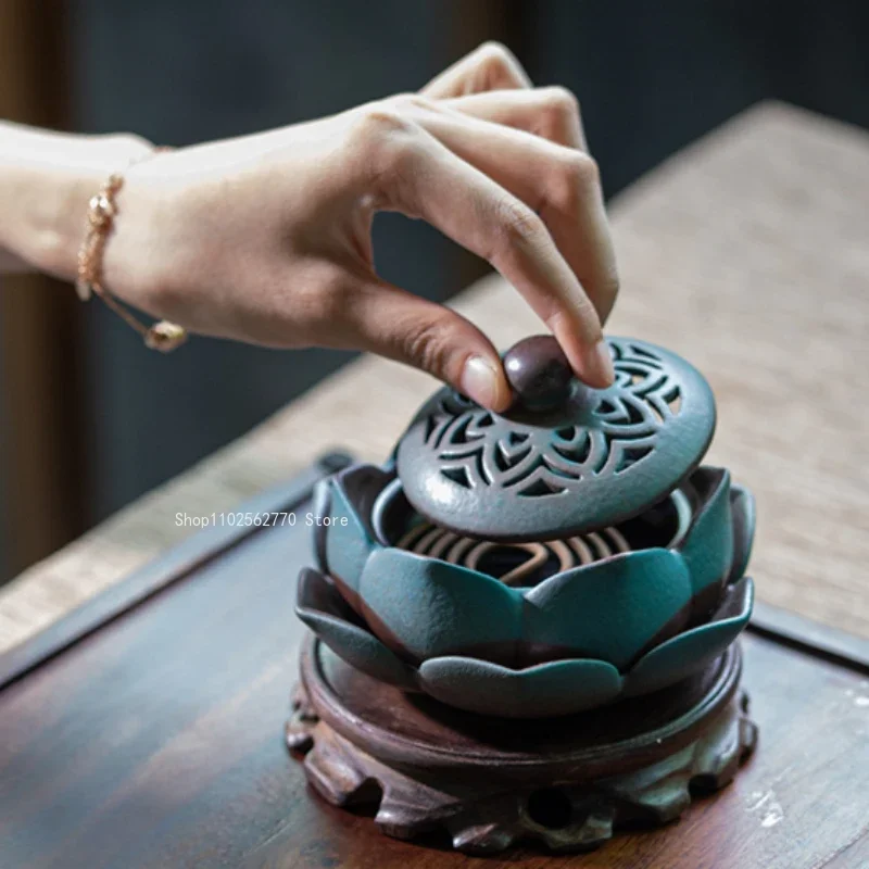 Imitation Ancient Ceramic Lotus Incense Coil Furnace Wooden Aromatherapy Base Home Interior Tea Ceremony Supplies Incense Tool