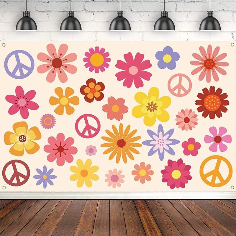 Hippie Groovy Photography Backdrop Banner Boho Flower Peace Logo Party Sign Scene Setters Background Decoration Supplies