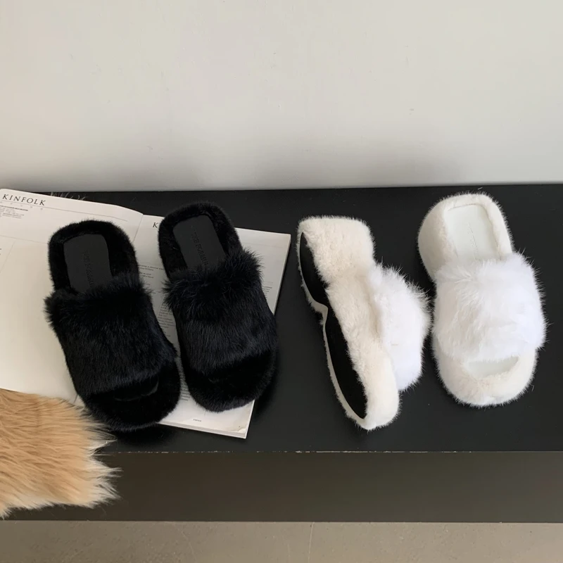 White Wedges Platform Flip Flops Women Faux Fur Slippers Black Sandals Girls Slippers Indoor House Chaussons Femme