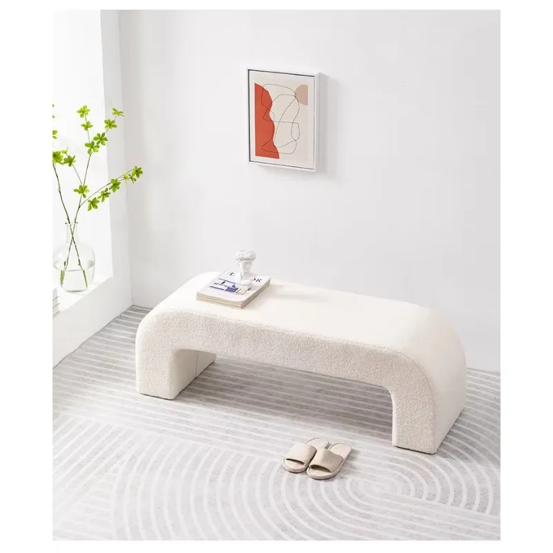 Nordic Design Wood Seat Bench Boucle Sherpa Fabric Upholstery for Entry or Bedroom Living Room Shoe Change Bench Ottoman