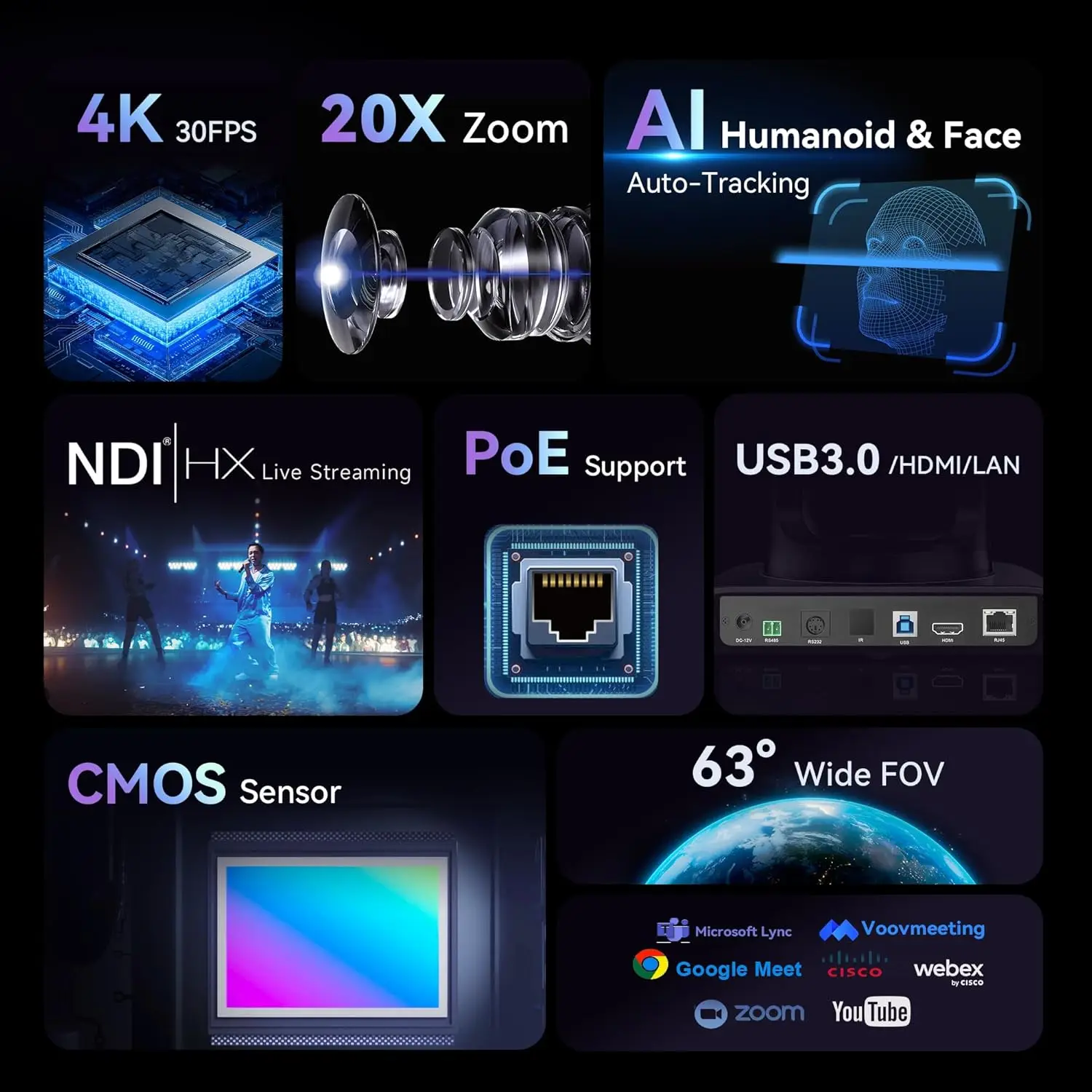 Tenveo 4K 20X NDI PTZ Camera with AI Tracking (3pcs) & 7 LCD Screen Joystick Controller & 8 Port PoE Switch for Live Streaming