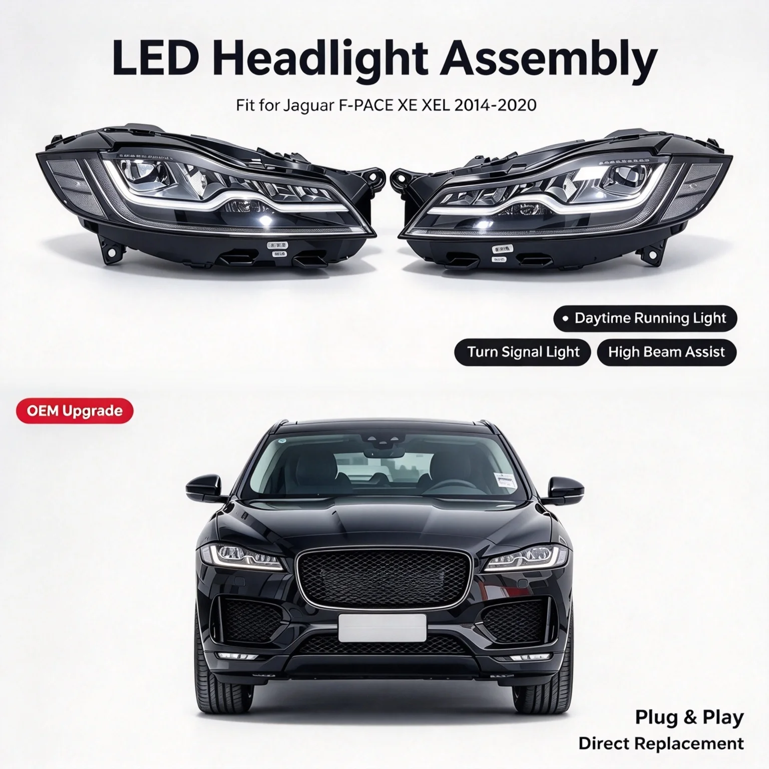 For Jaguar F-PACE XE XEL 2014-2020 OEM High Config LED Headlight Assembly,DRL Daytime Running Light Turn Signal Front HeadLamp