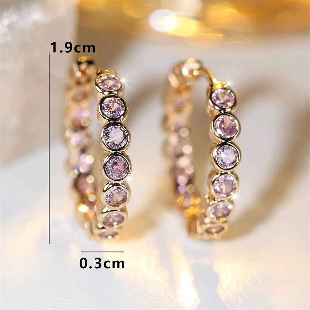 Elegant Pink Crystal Zircon Hoop Earring Single Row Small Round Stone Earrings For Women Vintage Gold Color Wedding Jewelry Gift