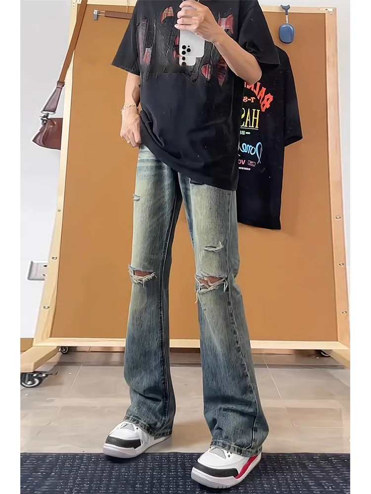 

Retro Blue Men's Straight Leg Jeans High Street American Sle Torn Knife Trendy Cotton Polyester Blend Wear Resistant