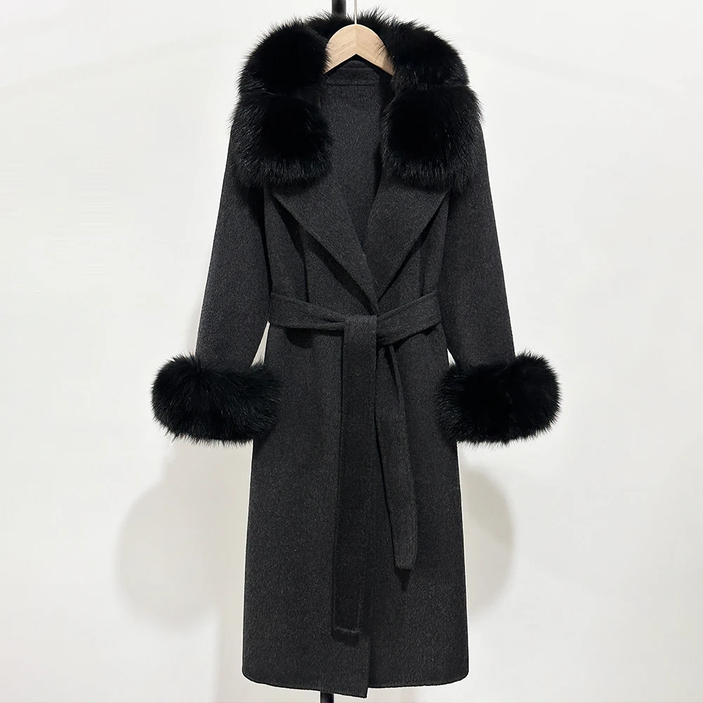 OFTBUY Langer, warmer, eleganter Wintermantel mit Gürtel, neue Damen-Doppelmantel aus Wolle mit echtem Fuchsfellkragen und -manschetten – Detail 5