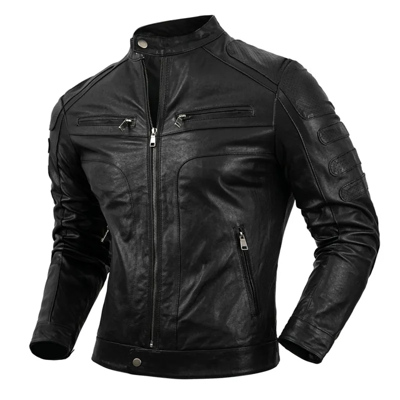 New locomotive short sheepskin plant-mixed leather jacket men's youth slim-fitting stand-up collar jacket motorcycle jacket