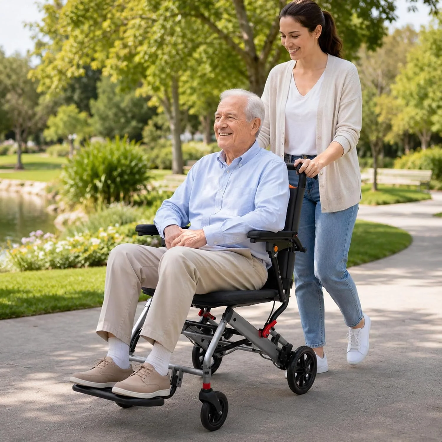 Lightweight Folding Transport Wheelchair for Adults 25 LB Aircraft Grade Aluminum Frame Wide Seat Flip Back Padded Armrests Swing Away Detachable Footrests Portable Travel Mobility Chair Gray Orange - view 7