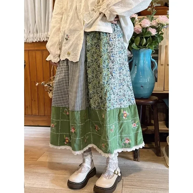 

Autumn Spring 2024 Mori Skirts for Women Green Floral Plaid Patchwork Long Skirt Retro Casual Holiday Loose Vintage Skirt