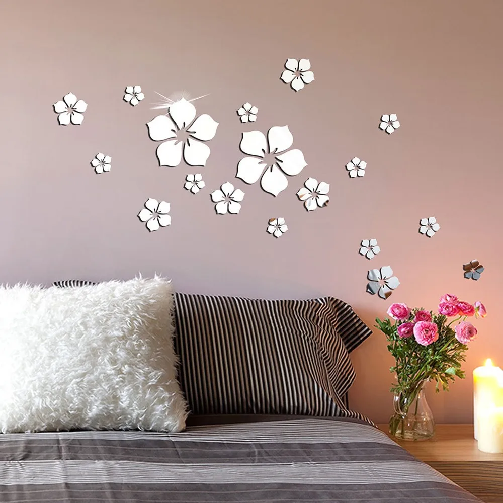 18Pcs Mirror Wall Stickers Flower Wall Sticker DIY Acrylic 3D TV Background Art Mural Decor mirror Bathroom Home Decoration