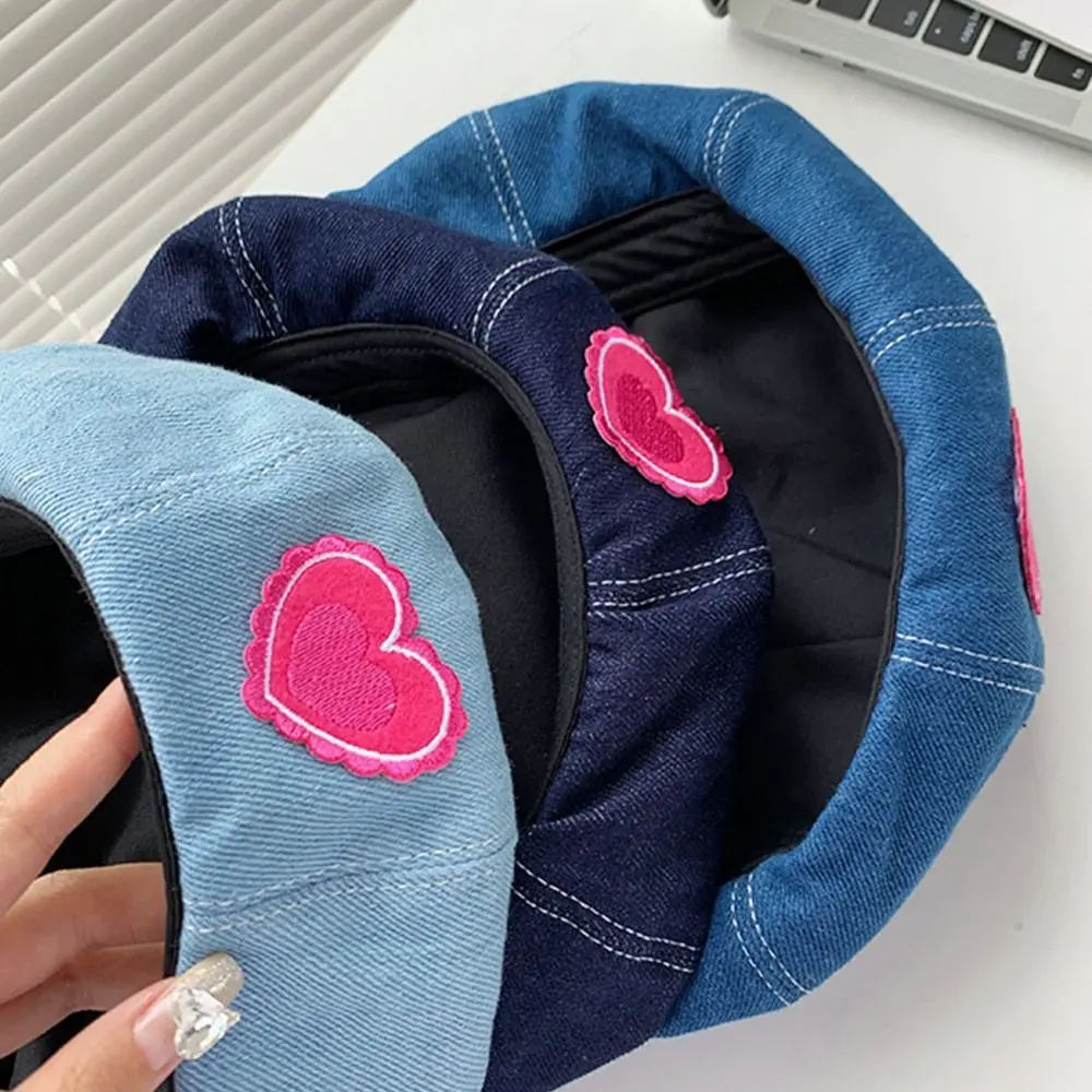 Pink Love Denim Beret Hats Women Spring Summer Shows Face Versatile Retro Painter Cap Japanese Berets Newsboy Caps Casual