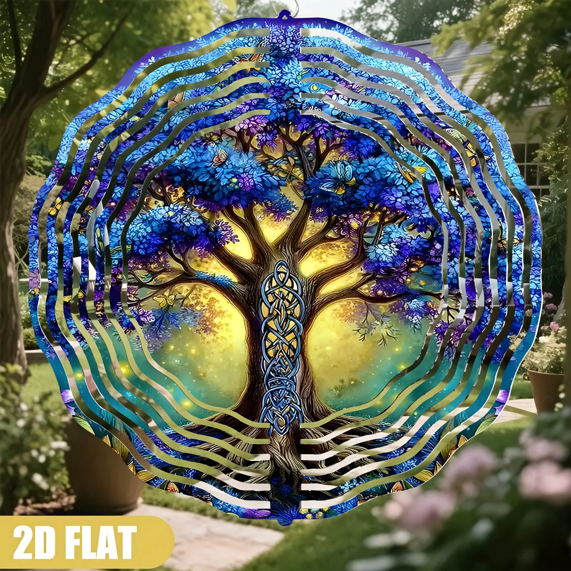 A Dreamy Wind Chime, Featuring a Celtic Tree of Life Theme, Adorned with Purple-Blue Flowers And Butterflies