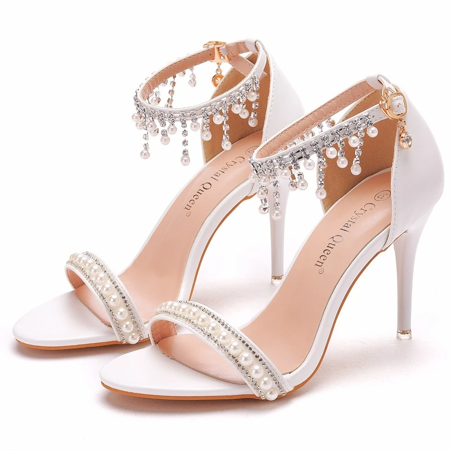 

Летние сандалии с кисточками и кристаллами, женские свадебные туфли, новинка 2025, свадебные туфли на высоком каблуке с бисером, женские туфли на тонком каблуке со стразами H0036