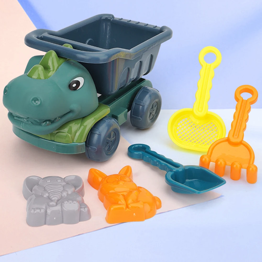 6Pcs Dinosaur Summer Beach Toys with Dump Truck Sand Molds Shovel Rake Sand Sifter Sand Toys for Kids Toddlers Boys Girls