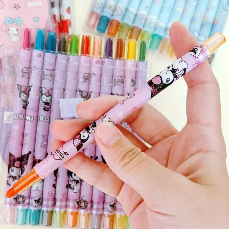 Sanrio Crayon 12 Kleuren Schattige Kuromi Kinderen Cadeau Schilderij Pen Roterend Krijt Olieverfschilderij Stok Lang Krijt Kinderen Cadeau