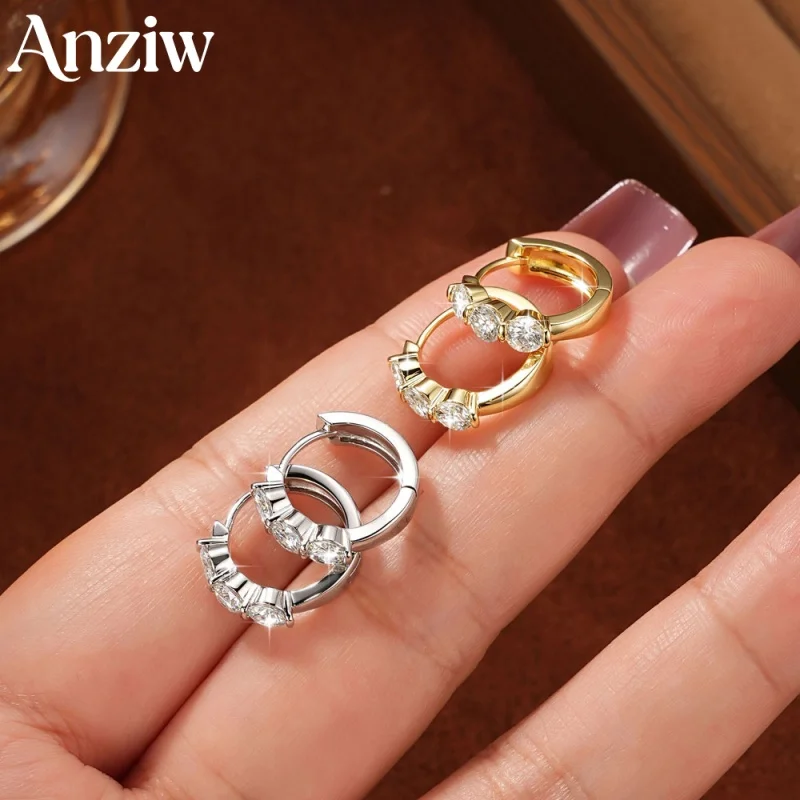 Anziw Classic Round D Color Moissanite Hoop Earrings for Women 14k Gold Filled Three-Stone Huggie Earring Jewelry Gift Certified