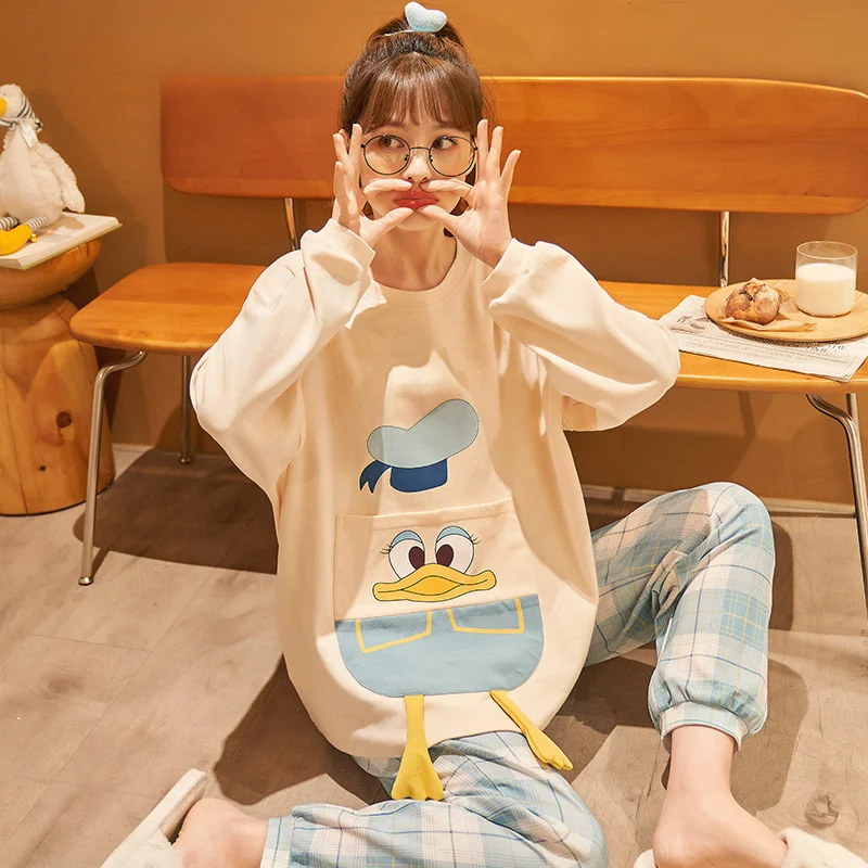 White Donald Duck Pajamas Disney Homewear Cartoon Warm Two-piece Set Pajama Pants Set Lapel Disney Donald Duck Women's Pajamas