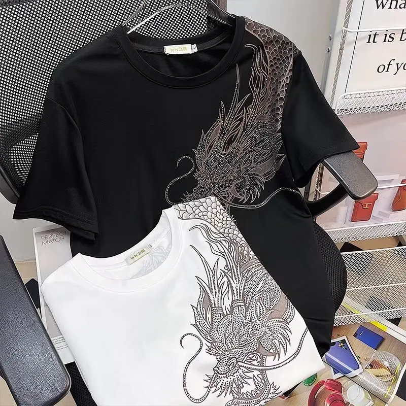 Trendy Guy Rhinestone Shoulder Dragon Summer New T-Shirt Internet Celebrity Same Style Fashion Brand Short Sleeve Men