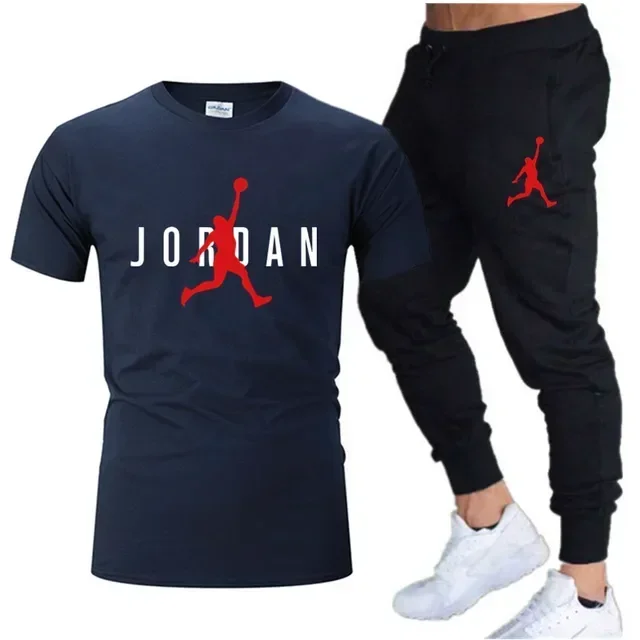 2025 Summer Men's Tracksuit Suit Brand Short Sleeve T-Shirt + Trousers 2-Piece Sets Fitness Jogging Sports Pants Sportswear Suit