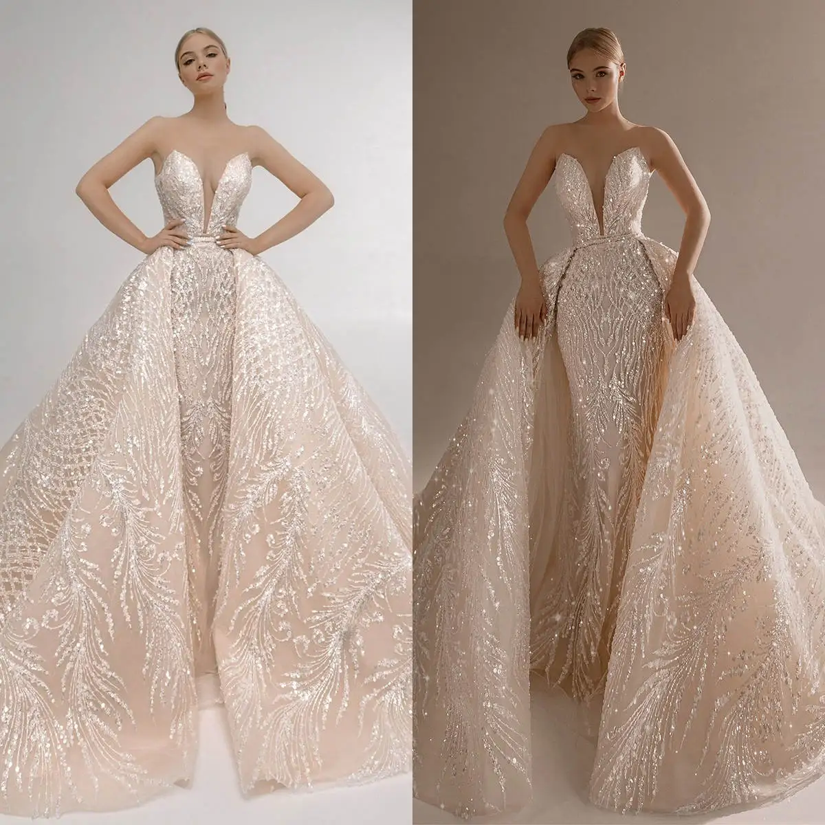 Vestidos de novia de sirena brillantes para mujer, vestido de novia sin mangas con cuello transparente, vestido de fiesta personalizado con tren desmontable y lentejuelas