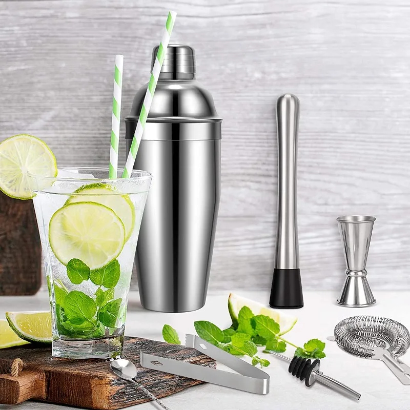 Basic  Cocktail Mixing Set, 6Pcs Stainless Steel Boston Shaker Jigger Muddler Pourers Beginner Bartender Supply Kit