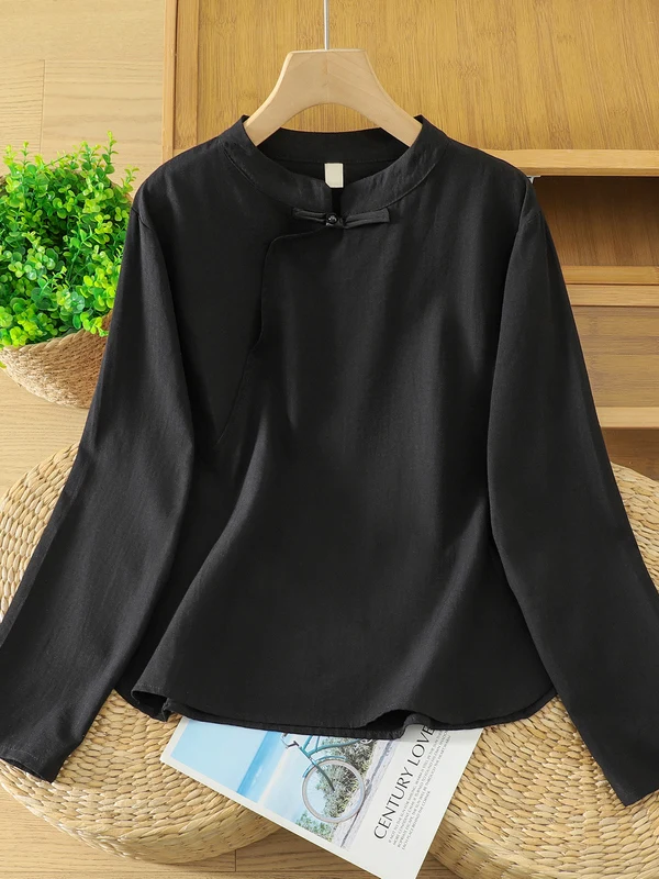 Loose Fit Long Sleeve Shirt Women's New Chinese Style Stand Collar Button up Shirt Early Autumn Fashion Artistic Decorations
