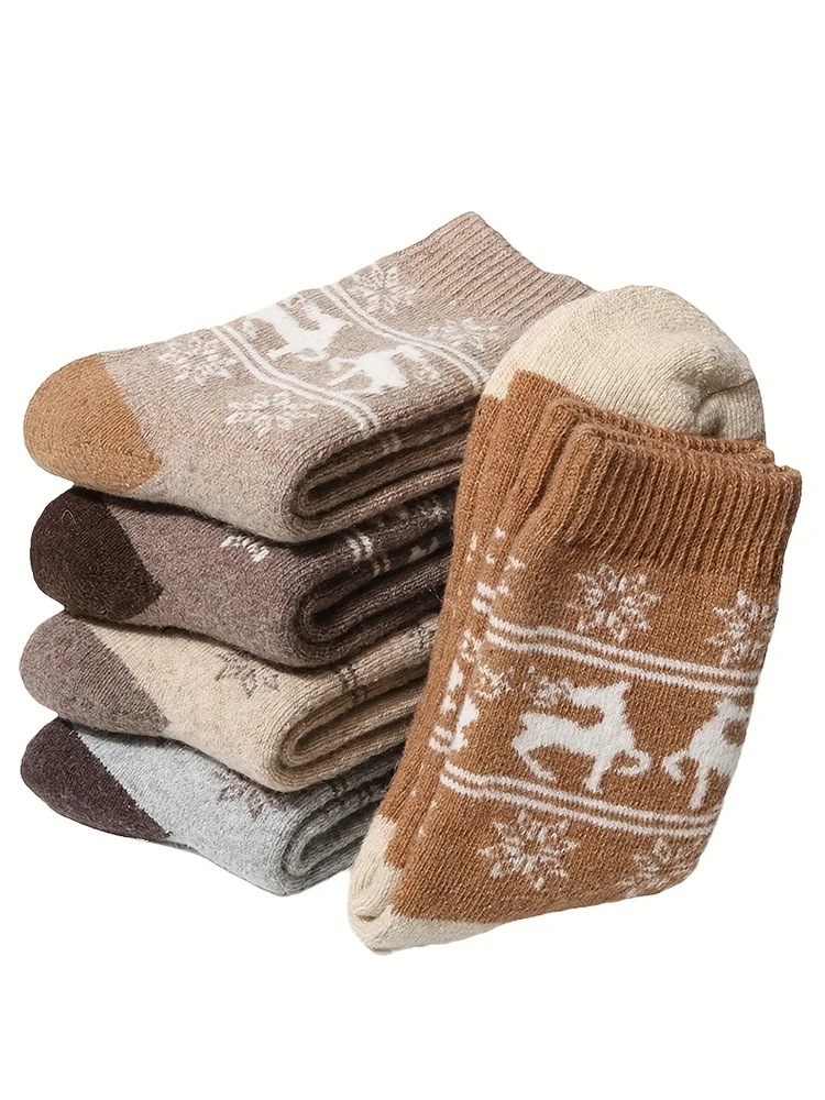 5 Pairs Unisex Winter Thermal Socks, Thick Warm Knit Crew Socks, Deer Snowflake Pattern Multicolor Wool Socks for Men Women