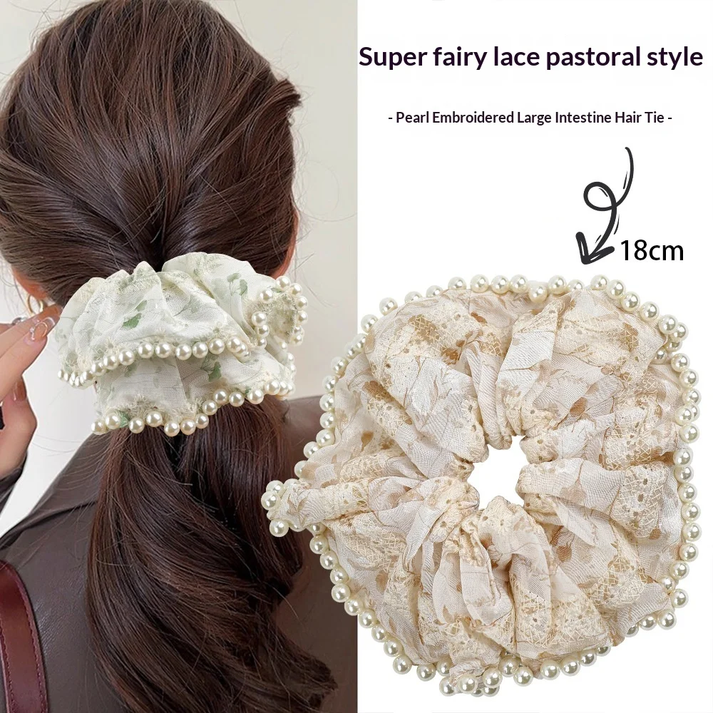 

Lazy Slouchy Pearl Hairband Korean Style Elegant Embroidered Floral Hair Tie Large Elastic Bun Hair Tie Women's Gift