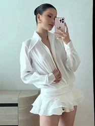 2025 New See-Through Tierred Dress Woman Summer Solid Turn-Down Collar Shirt Ruffles Chic Long-Sleeve Chiffon Party Bodycon