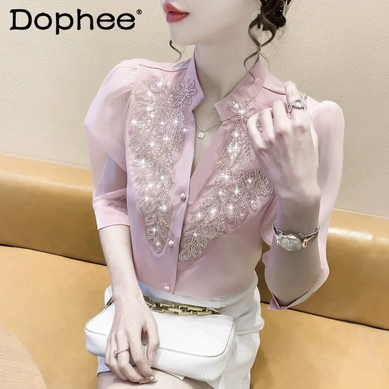 Schwere Stickerei Pailletten Diamant Perlen Knopf Shirt Frauen Mode mittellange weiße Bluse 2022 Frühling Sommer neue camisas mujer