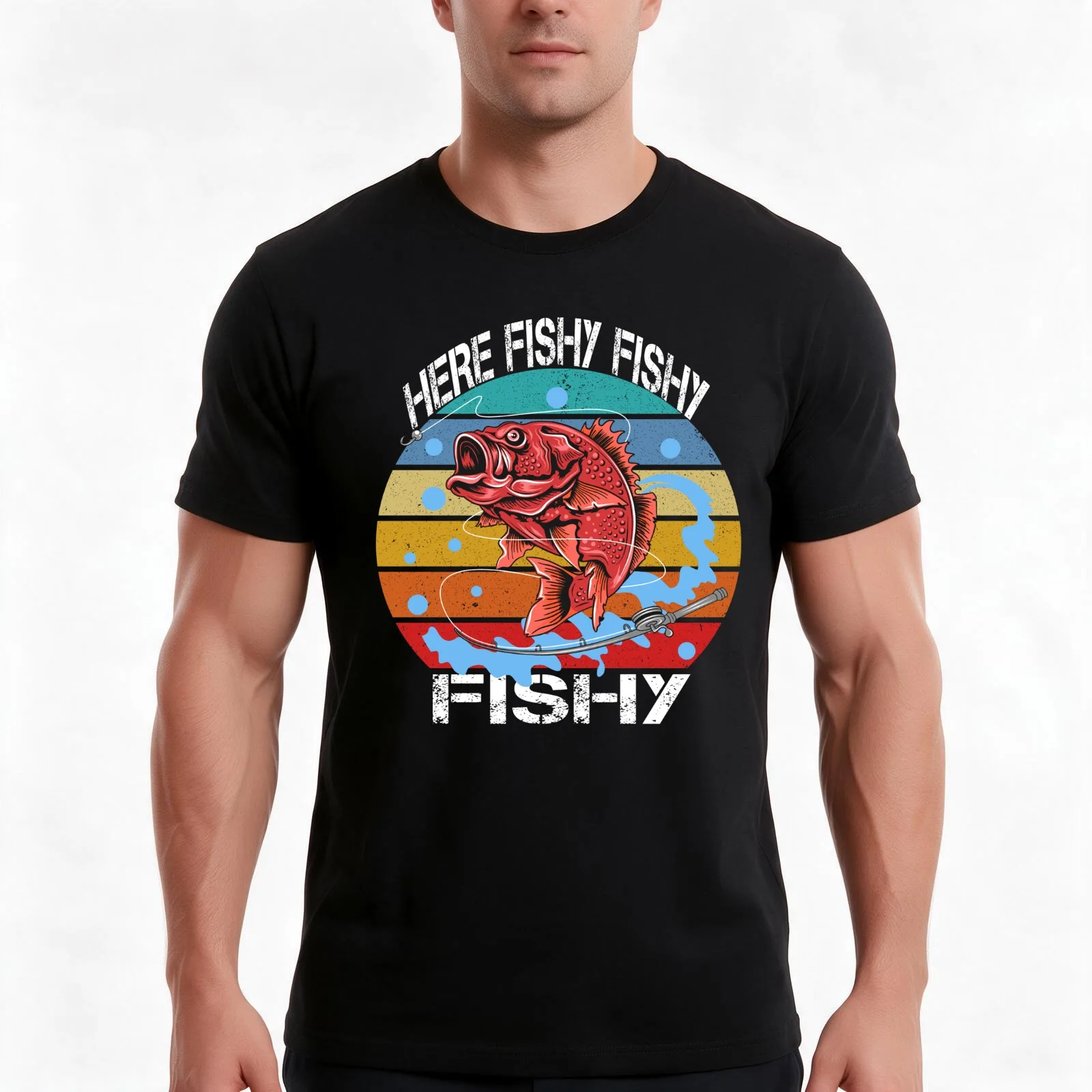 Here Fishy Fishy Fishy T-Shirt Summer Casual Cotton Tee Oversized Streetwear Tops Vintage Graphic Print Unisex Men Women