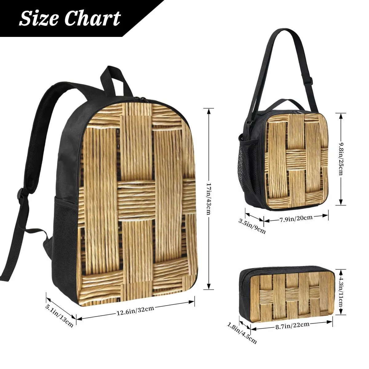 مضفر الروطان الخشب الخوص على ظهره بنين بنات BookBag حقيبة مدرسية حقائب كتف الكمبيوتر 3ps معزول حقيبة الغداء مقلمة #2