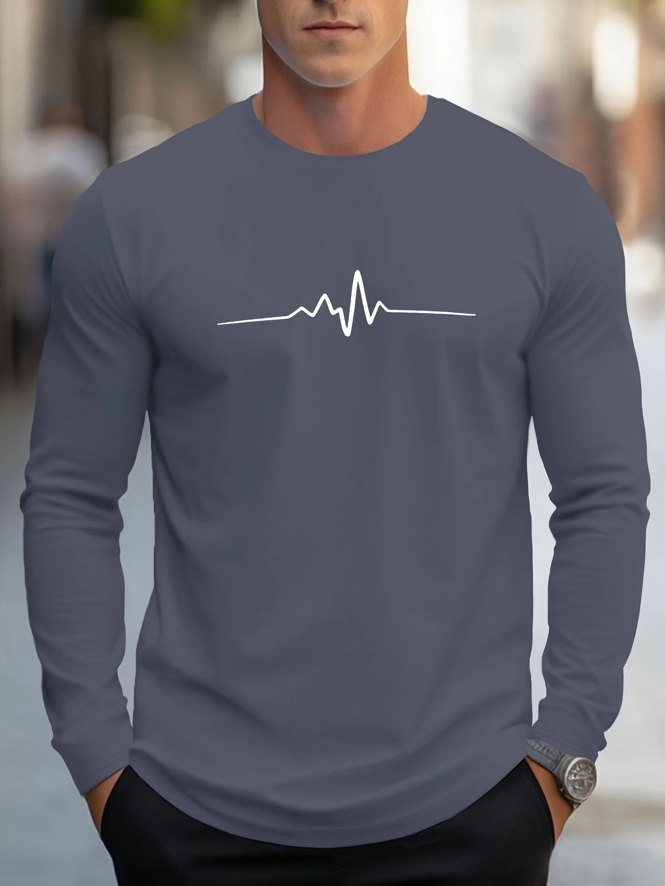 A nova camiseta masculina de manga comprida para primavera e outono 2025 é casual e confortável com impressão de padrão listrado 3D