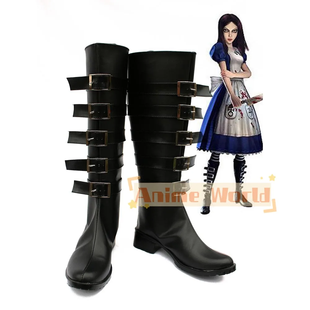 

Alice Madness Returns Cosplay Shoes For Adult Women Men Halloween Christmas Party Black PU Leather Boots
