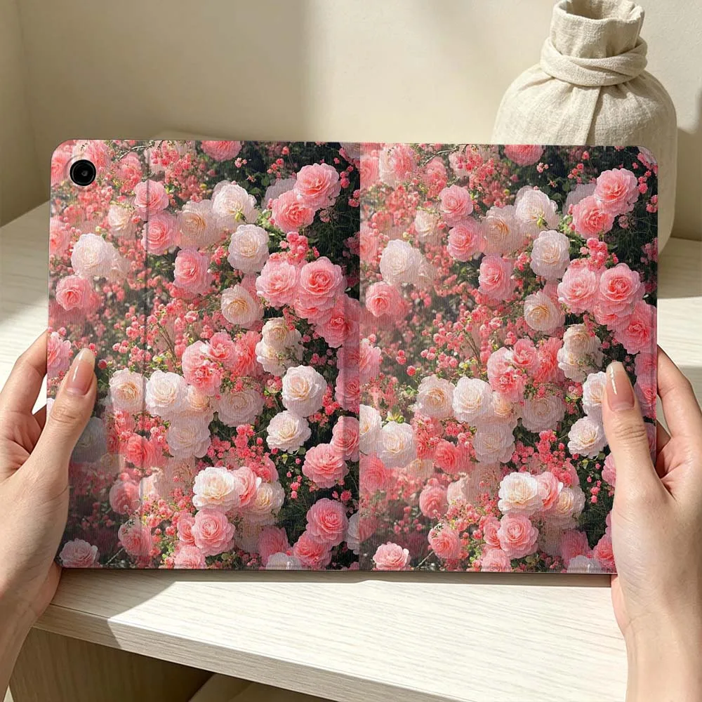 Pink Roses Cluster Print For Samsung Galaxy Tab S11 S10 S9 S8 S7 S6 A11 A9 A8 A7 Lite FE Plus Soft Pen Tray Tablet Case