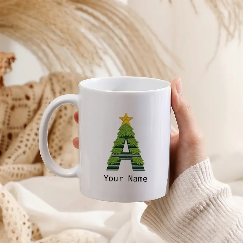 Monogram Letter A-Z Mug Personalized Custom Name Christmas Tree Shaped Letter with Golden Star Ceramic Coffee Cup Holiday Gift