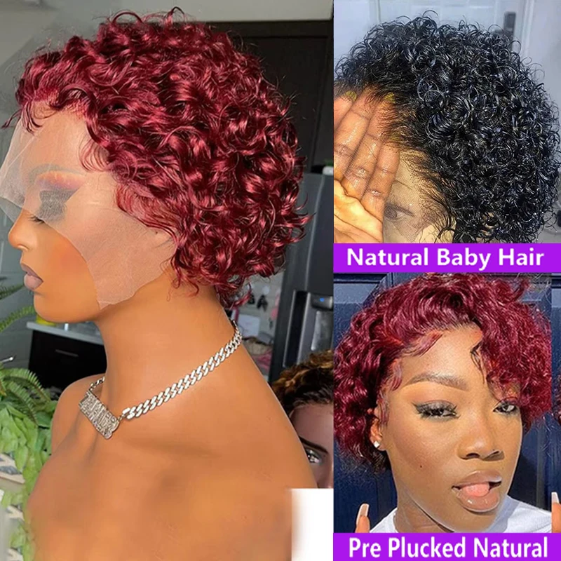 99Jピクシーカットウィッグ カラー 13x1レースウィッグ スプリングカール ショートボブ 人毛ウィッグ 女性用 ナチュラルブラックカラー 人毛ウィッグ 1B