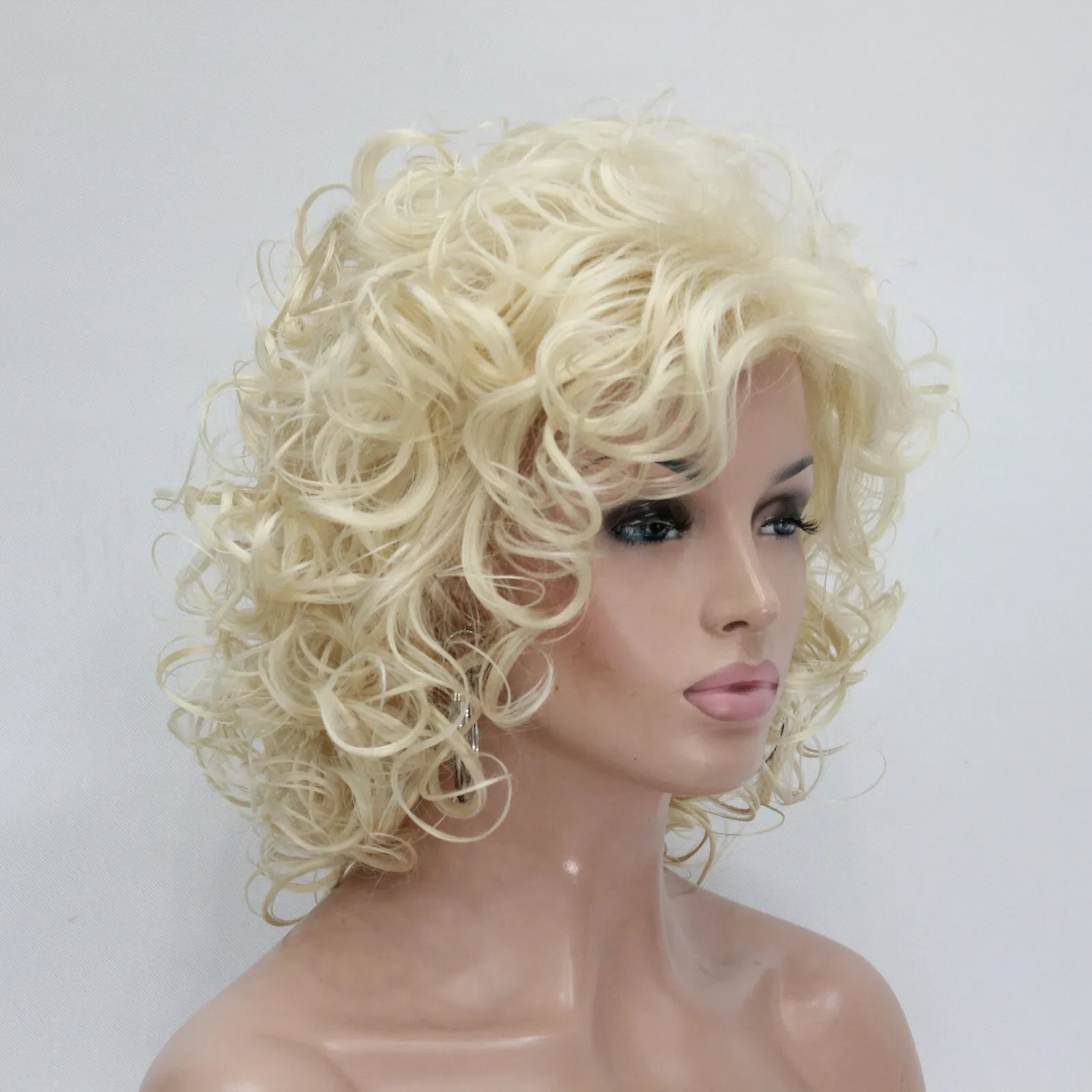 Moda 40cm długości blond kręcone damskie Cosplay syntetyczne włosy peruka