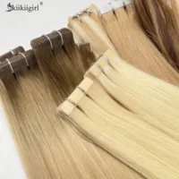 Kiikiigirl-extensiones de cabello humano con cinta para mujeres negras, 100% cabello humano Remy Real, pegamento adhesivo de trama de piel para salón de alta calidad