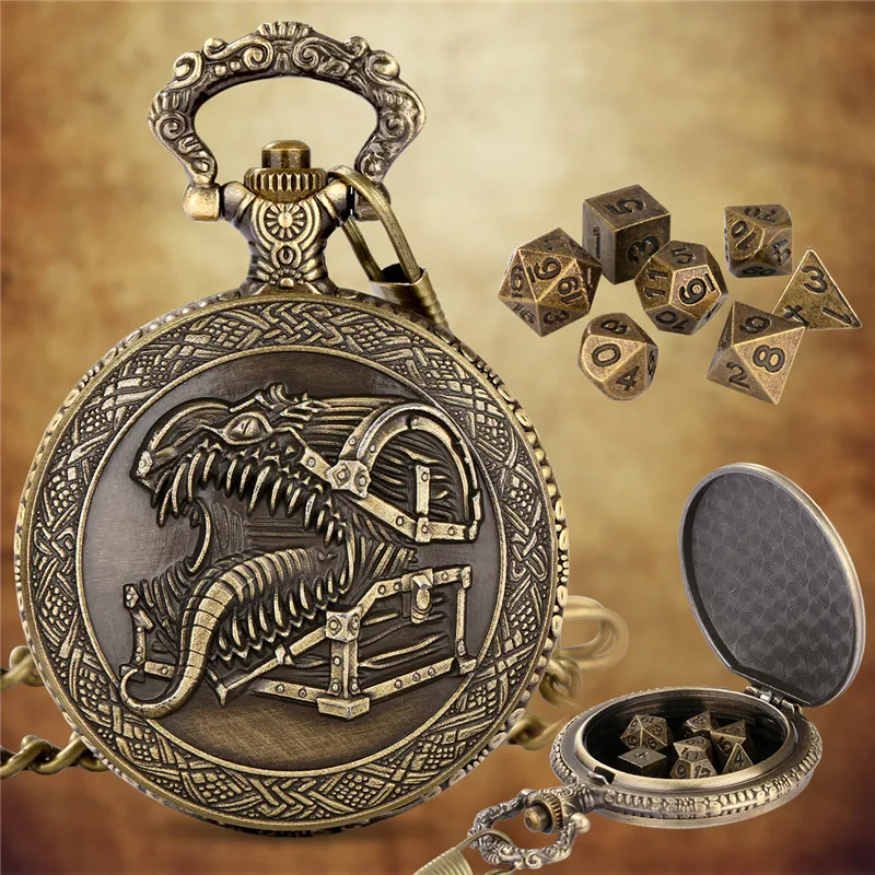 Steampunk Tongue Treasure Box Pocket Watch Empty Case Pendant Chain with 7 X Mini Size Metal Polyhedral Dice for Role Play Game