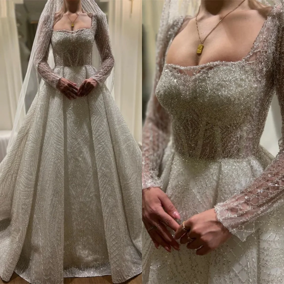 رائع الكرة بثوب فساتين الزفاف ساحة الرقبة الديكور الترتر فستان عروس الطيات الفاخرة سويب تراين فستان الزفاف حسب الطلب