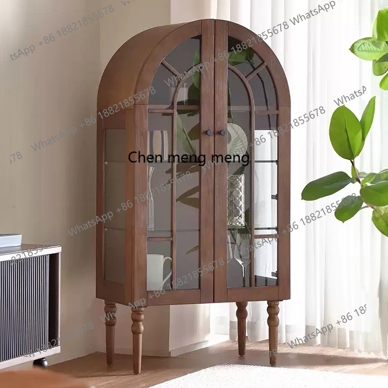 

French medieval solid wood wine cabinet, walnut color living room, simple decoration, red wine storage cabinet