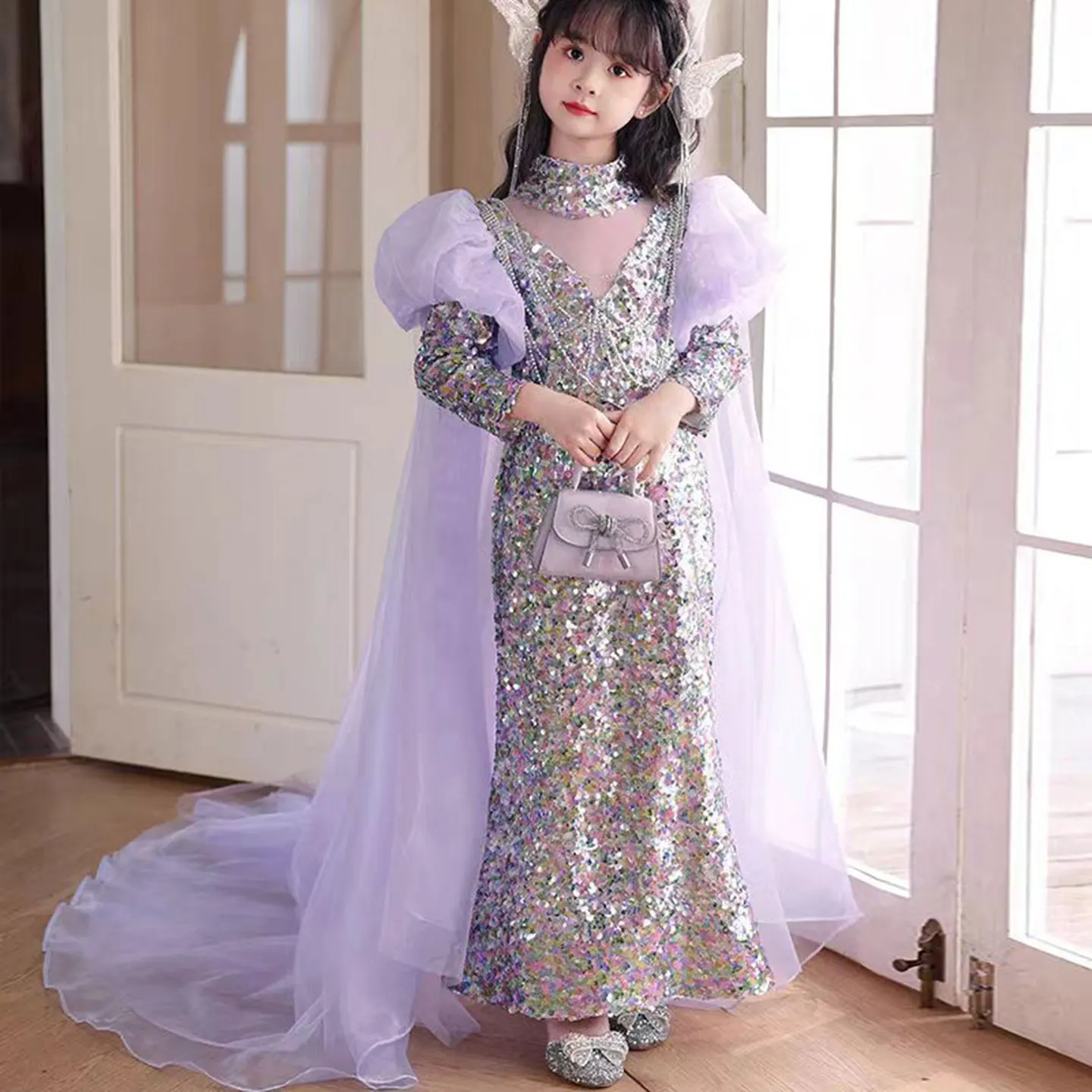 

Jill Wish Shiny Lilac Girl Dress Sequined with Cap Kids Princess Gown for Birthday Wedding Holy Communion Party Honors Day J076