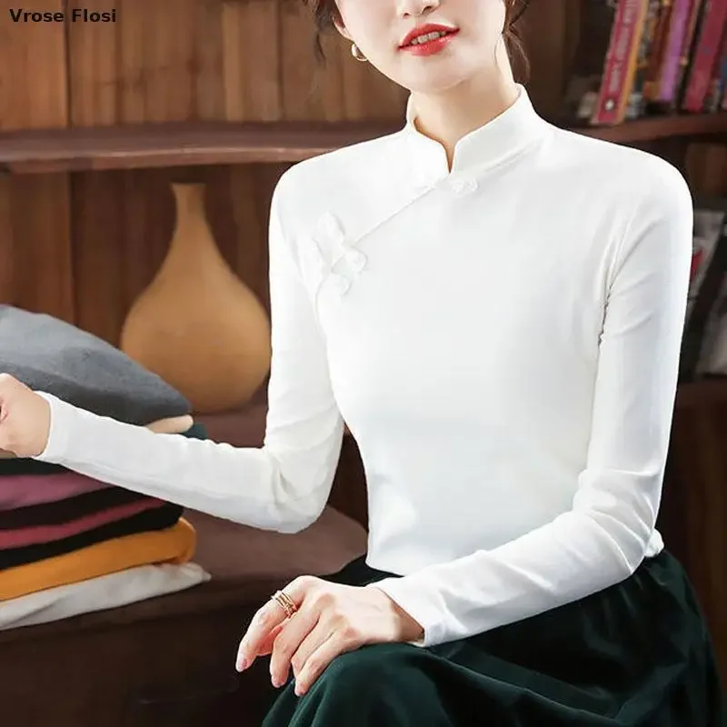 Cheongsam Women's Plus Size Stand Collar Tops 2023 Winter Cotton Blend Pure Color Long Sleeve Chinese Style Qipao Shirts Woman