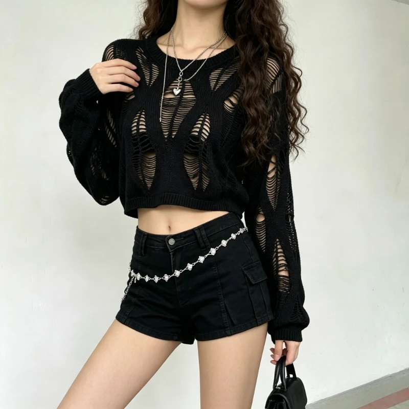 Women Ripped Cutout Hollow Knit Sweater Long Sleeve O‑Neck See‑Through Cropped Pullover Y2K Punk Casual Knitted Top